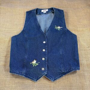 Vintage Apache Woman's Denim Vest with Bird Patches Elastic Back Size XL